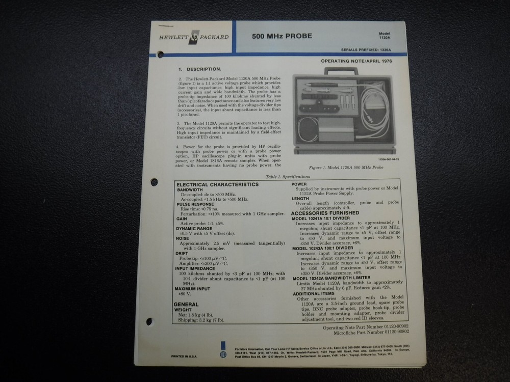 HP 500 MHz Probe Model 1120A Operating Note