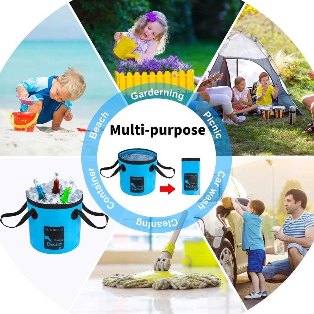 AUTODECO 2 Pack Collapsible Bucket 5 Gallon Container Folding 20L-2Pcs, Blue