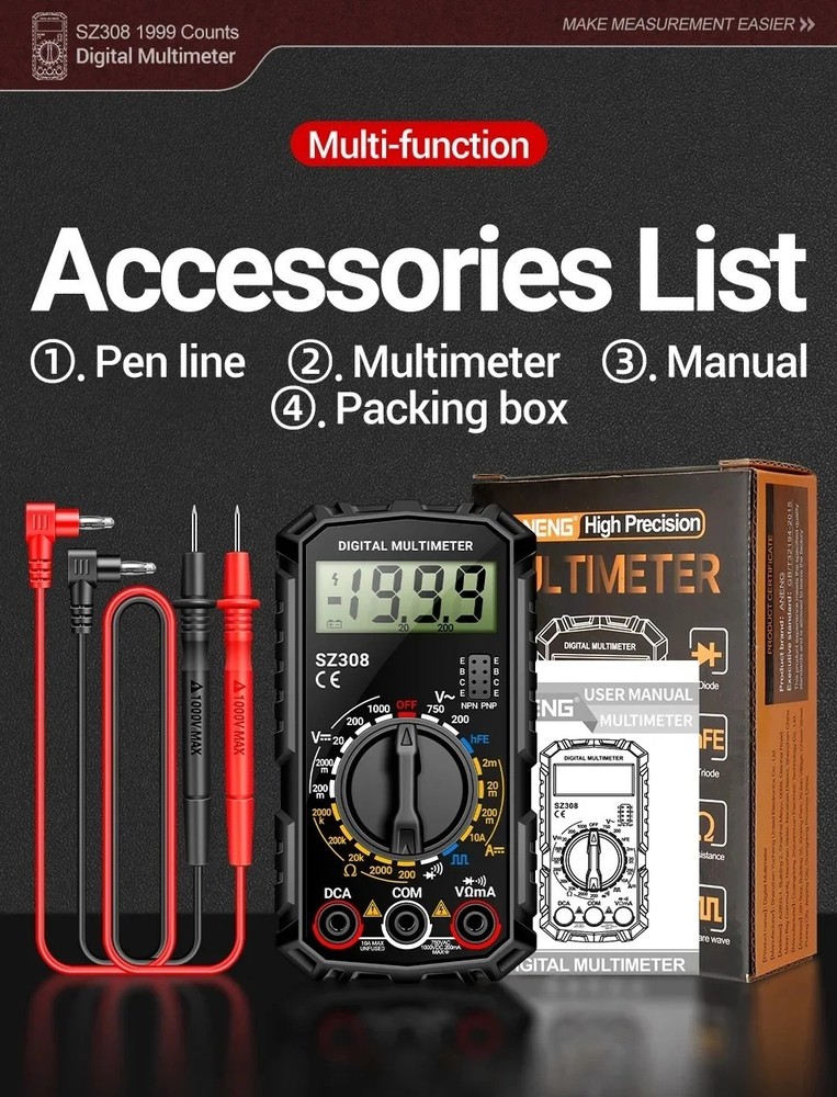 Digital Multimeter LCD Voltmeter Ammeter Ohmmeter Volt AC DC Tester Leads Meter