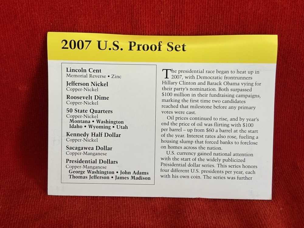 2007 US Proof Set Divider Card Yellow Border