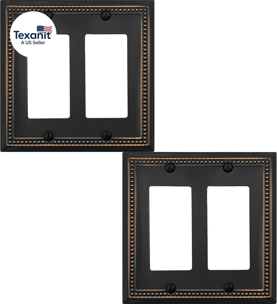 Double Decorator Light Switch Cover Belaire Beaded Metal Wall Plate, 2-Pack Aged