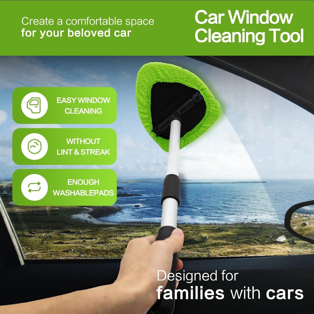 "22.5" Windshield Cleaner Tool Kit Extendable Handle, Microfiber Pads &