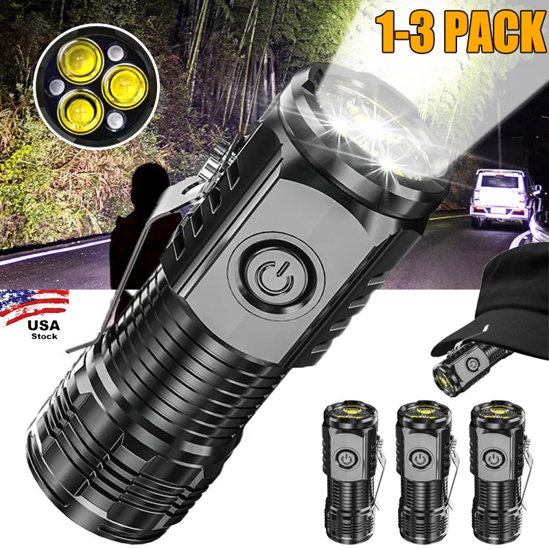 3×Tactical Flashlight Small 3 LED Torch Light Mini Super Bright USB Rechargeable