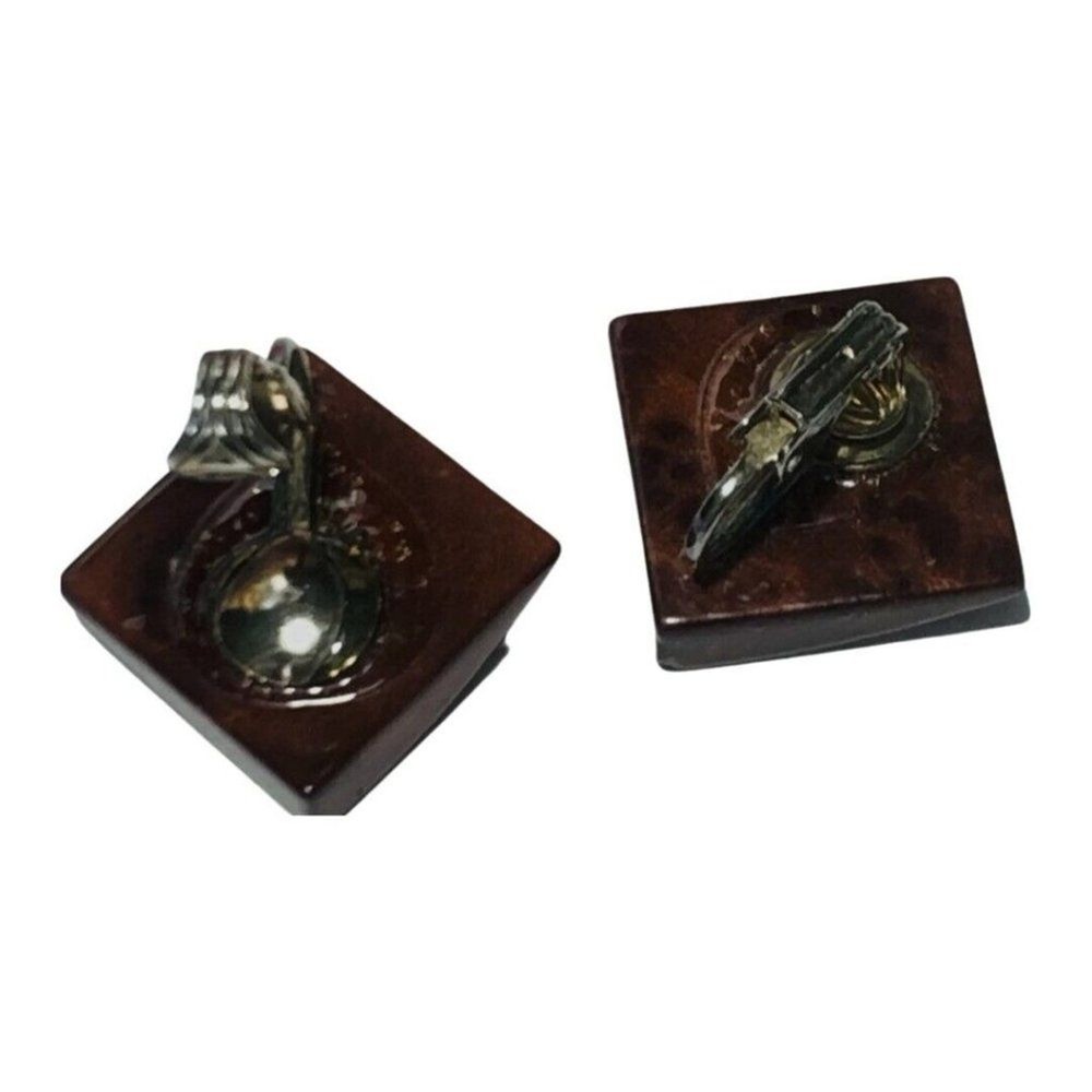 Square Reddish Brown Composition Gold Tone Clip On Button Earrings