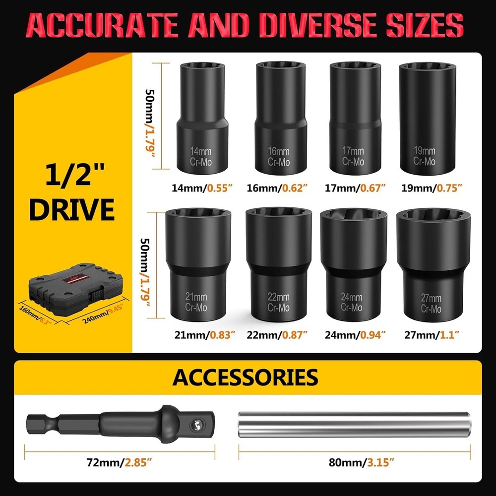 Bolt Extractor Set, 10 Piece Lug Nut Remover Socket Tool, 1/2" Drive Impact W...