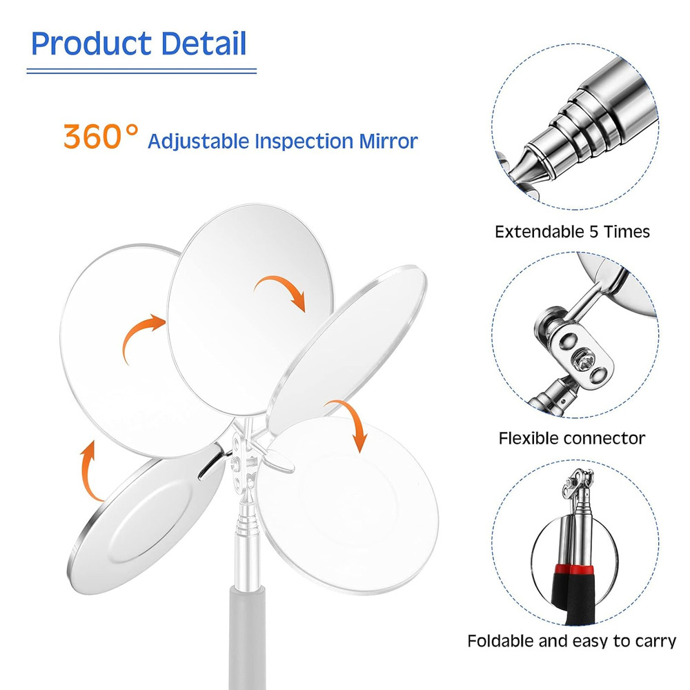 2 Pieces Lighted Telescoping Inspection Mirror Flexible Retractable...
