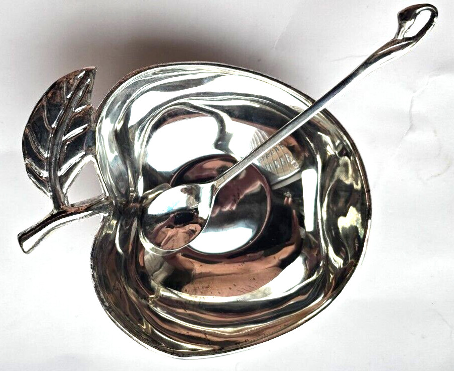 Apple Shared Honey Dish/Spoon Silver Plated for Rosh Hashanah 2 spoons