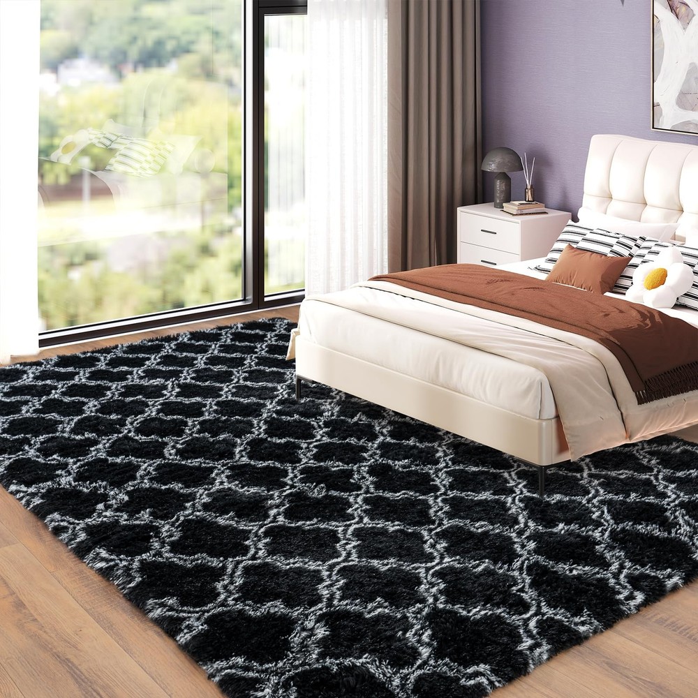 Dssimo Super Fluffy Moroccan Trellis 5x7 5' x 7' (Rectangular), Tie-dye Black