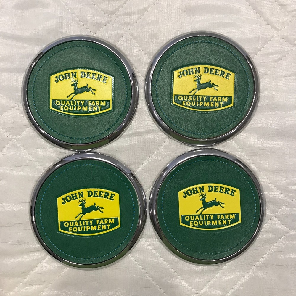 4 John Deere leather faced coasters with holder