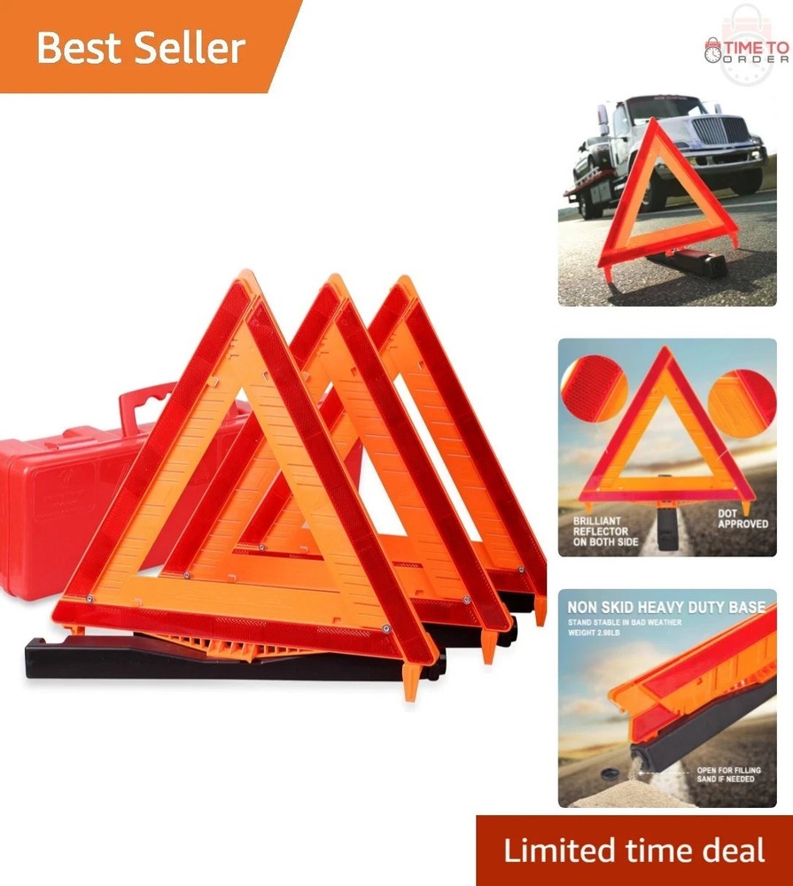 3 Pack Warning Triangle DOT Approved Road Safety Kit Reflective Emergency