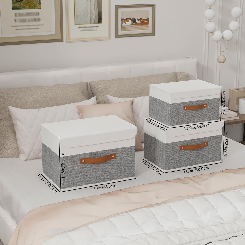 Storage Boxes with Lids, Linen Fabric Bin, Cube Organizer Basket, Washable an...