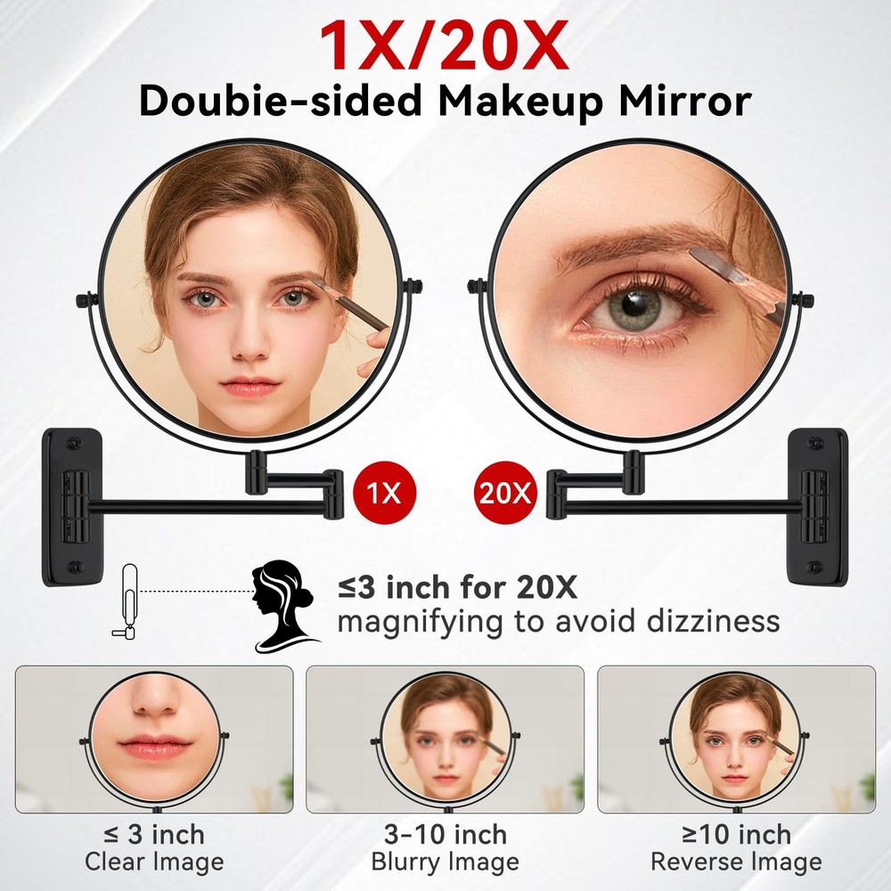 8” Wall Mount Makeup Mirror with 20X Strong Magnification, Double Sided Shavi...