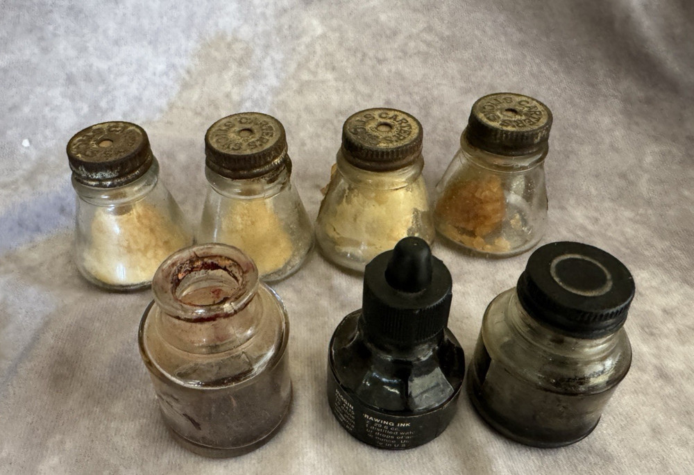 LOT Vtg 7 School Jars- 4 Carter's Cico Liquid Paste Glue Bottles 3 Assorted Inks