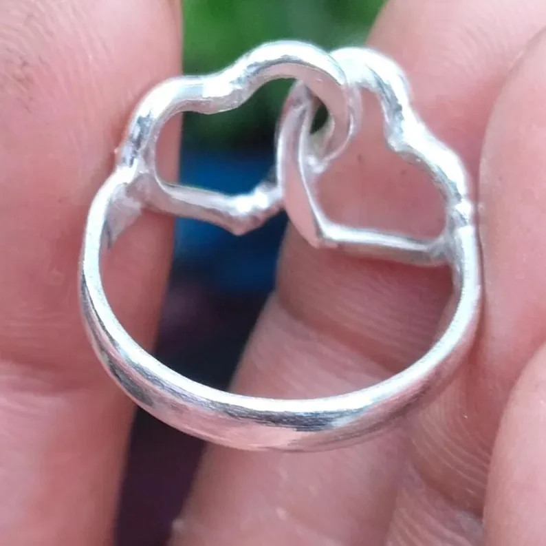 Solid 925 Sterling Silver Double Heart Ring Handmade Statement All Size Ring R43