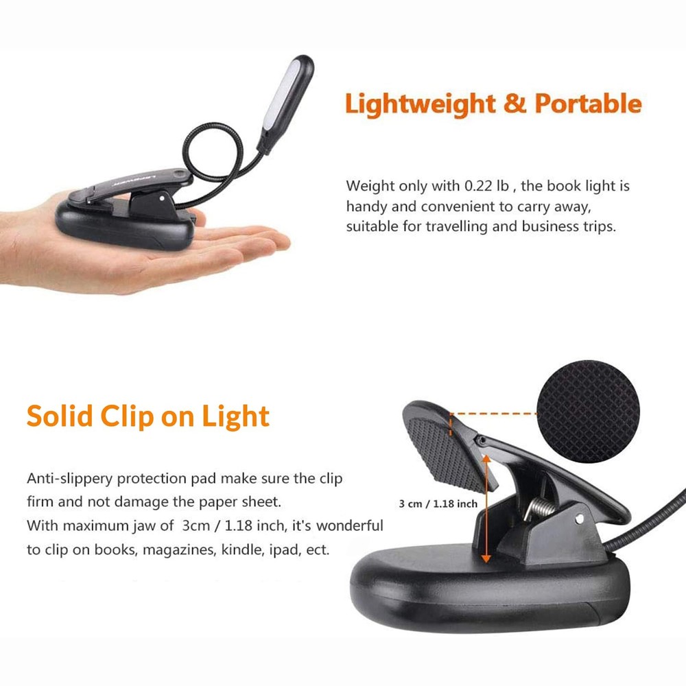 LED Clip On Book Light 5 LED 3 Modes USB Reading Lamp