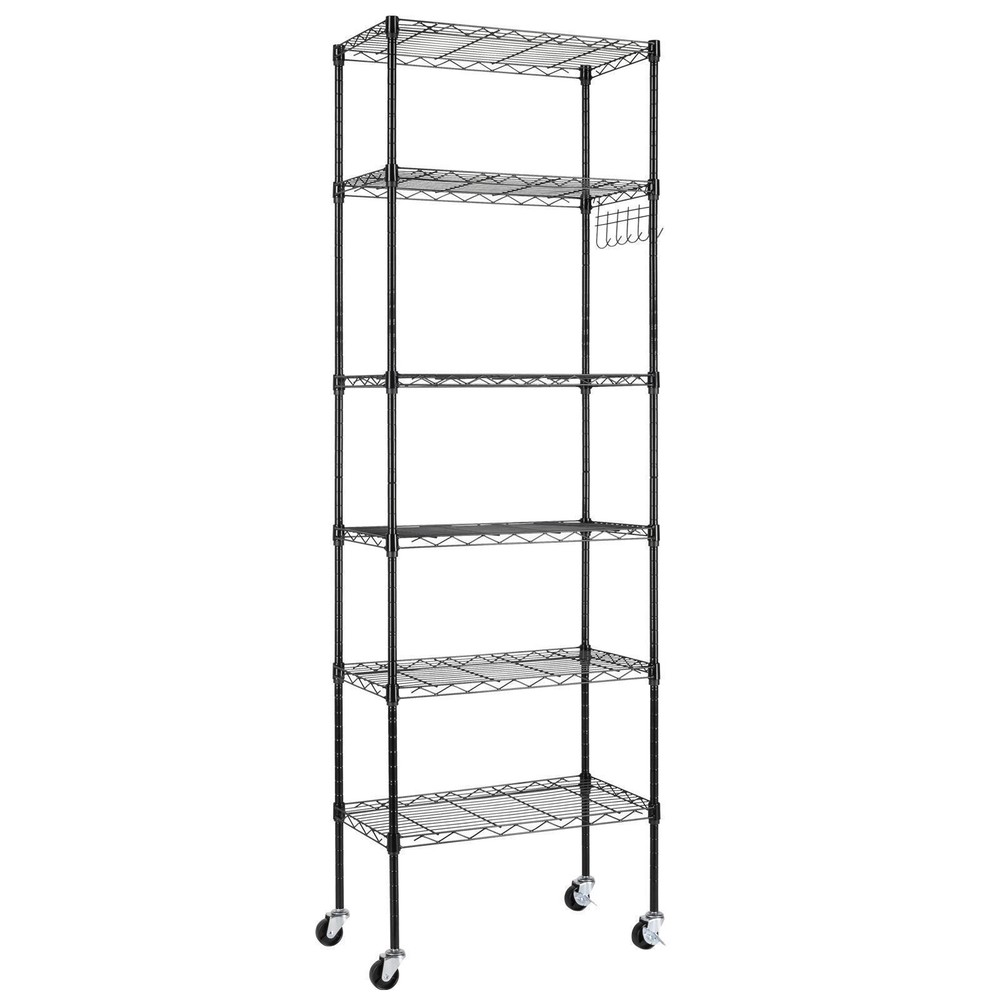 65" Adjustable Rolling Storage Rack 6-Tier Wire Shelving Unit with Hanging Hooks