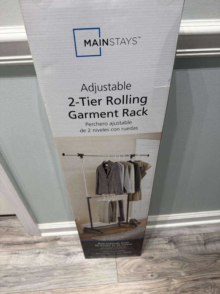 Mainstays Adjustable 2-Tier Rolling Garment Rack 36”-62” Extendable w/Casters