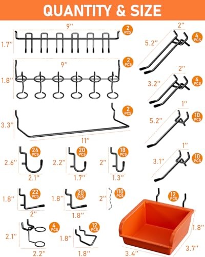 Extra Thick 1/4" Pegboard Accessories Organizer Kit, Heavy Duty Black 276PCS