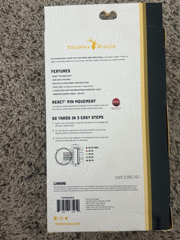 Trophy Ridge React H5 5-Pin Bow Sight AS855 Right/Left Compound Black