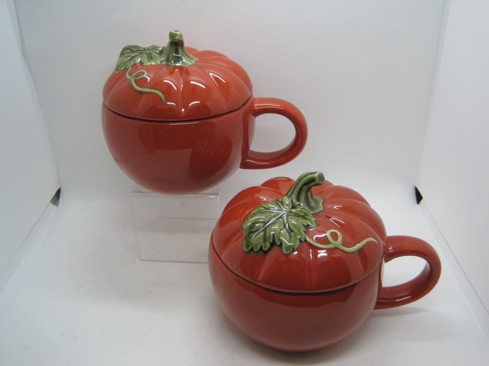 2 Ceramic Pumpkin Covered Mugs Harvest Fall Decor