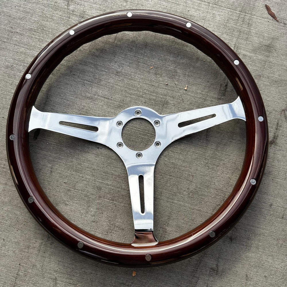 Factory Second 15" Chrome Dark Steering Wheel Real Wood Riveted Grip