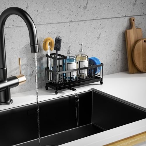 Extra Large Kitchen Sink Caddy, Rustproof Sponge Holder for Kitchen Sink Black