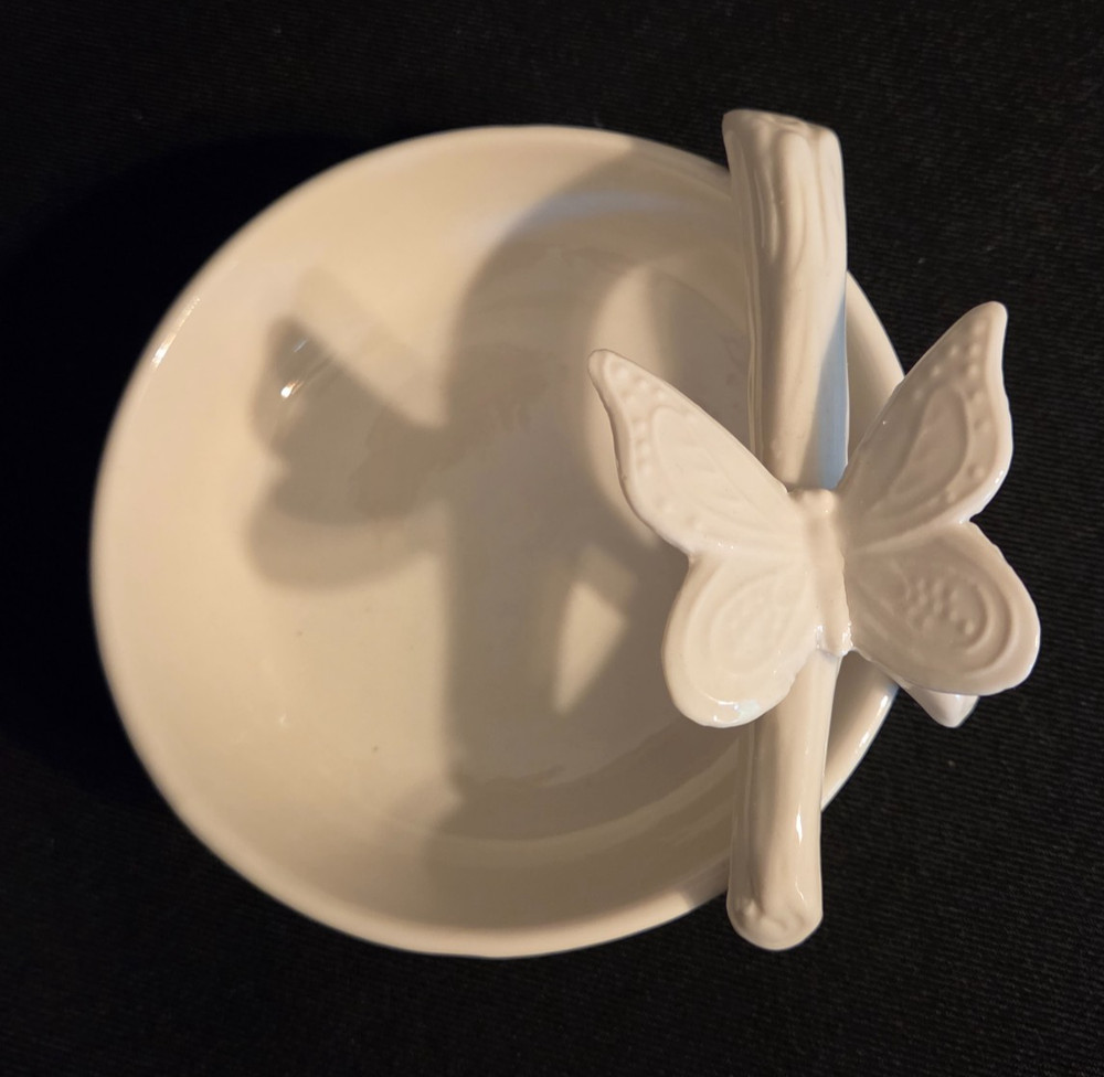 White Ceramic Nut / Candy Dish with Branch and Butterfly