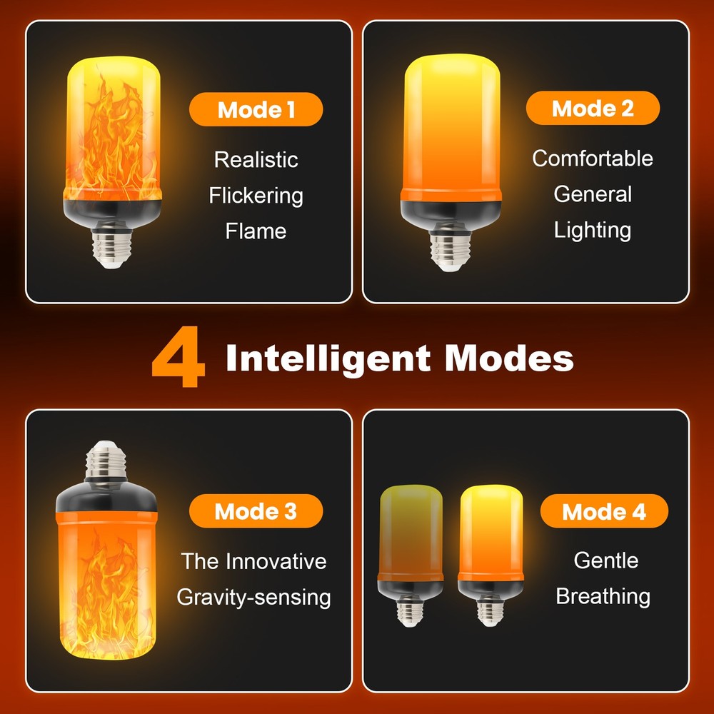 Led Flame Light Bulb, 2 Pack E26 Flickering Light Bulbs with 4 Modes, Faux Flame