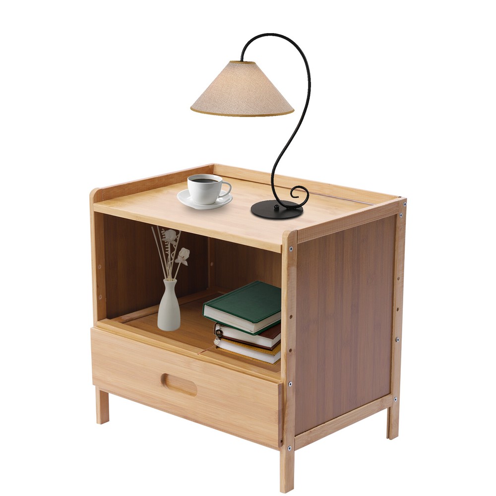 Modern Bamboo End Table with Drawer - Versatile Bedroom Side Table