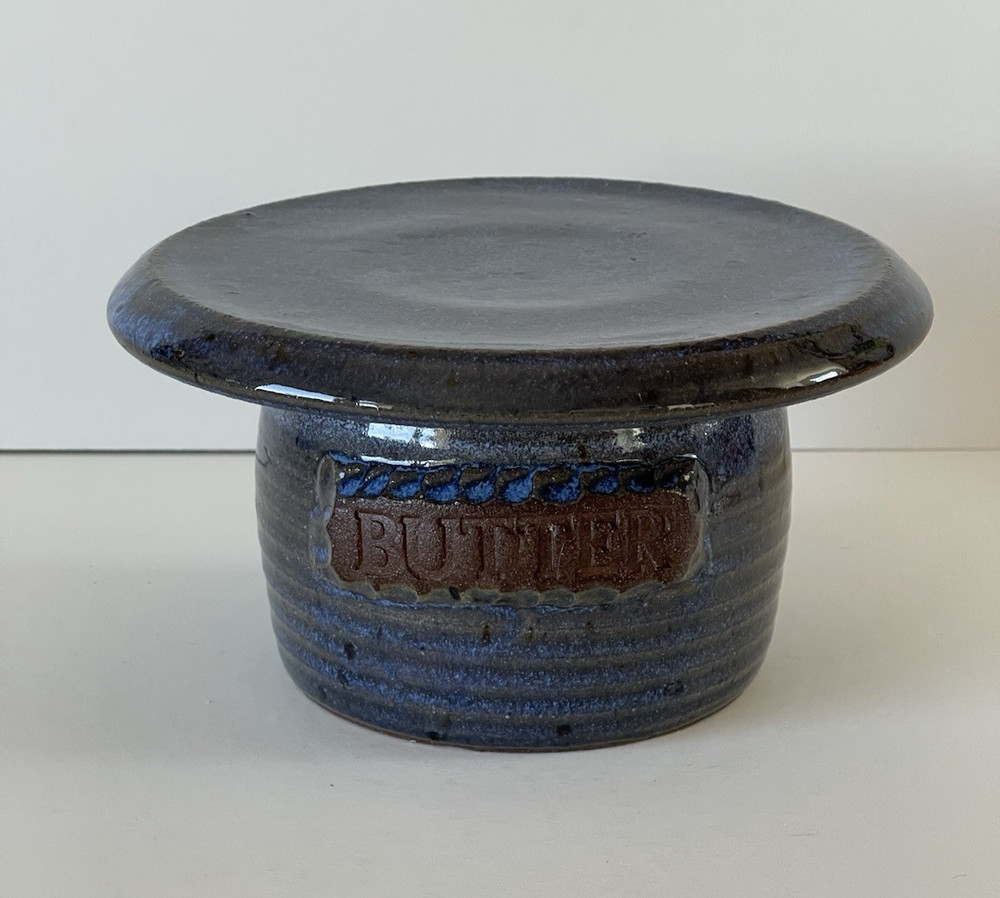 Studio Pottery Glazed Butter Bell Keeper Large Crock Blue Ring Signed New