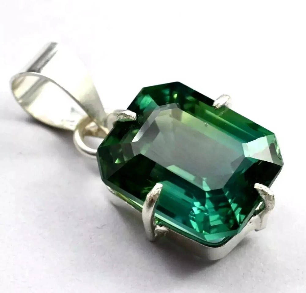 Certified 35.2 Ct+ Natural Emerald 925 Solid Silver Emerald Cut Pendant Gemstone