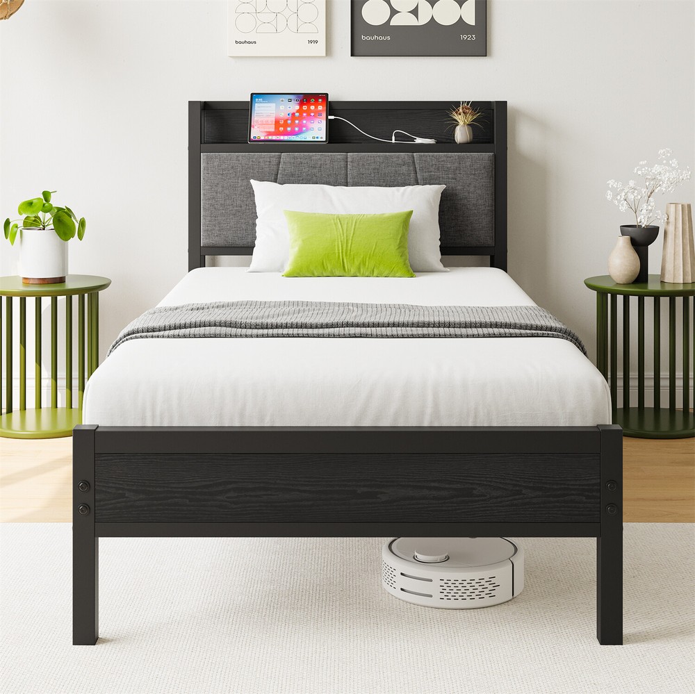Twin/Full Size Bed Frame Metal Platform Bed Frame w/ Storage Headboard Black