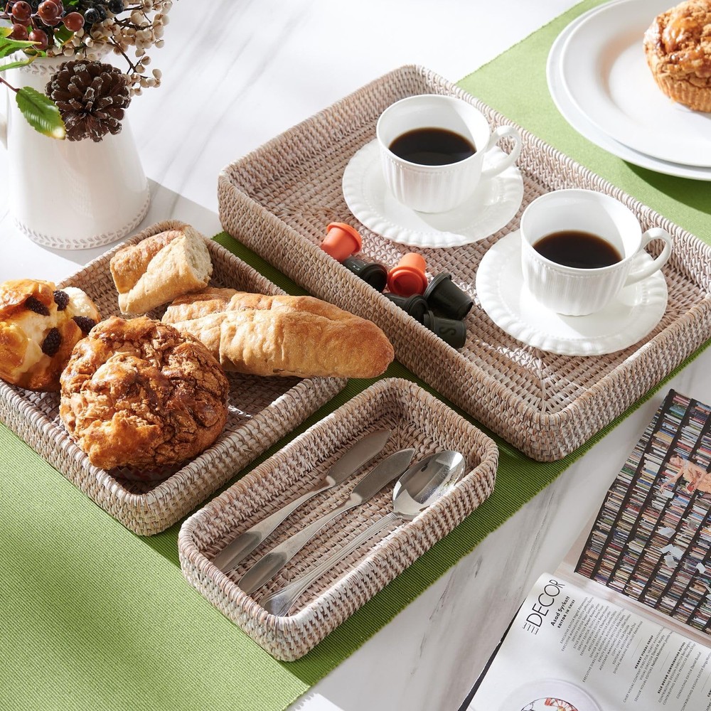 Rattan Serving Tray Set - Rectangular Woven Wicker Decorative Baskets