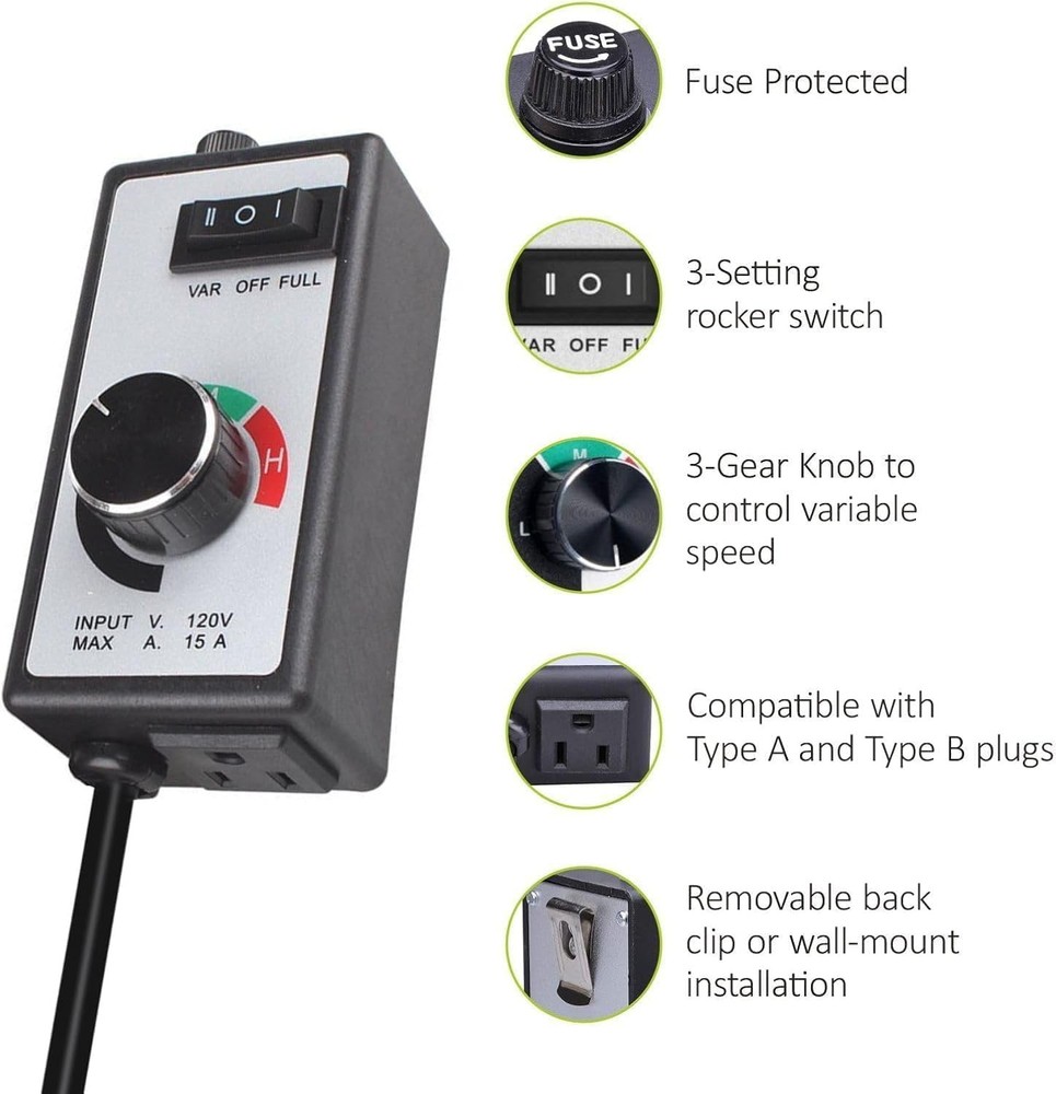 AC Motor Speed Controller 120V 15A Max Electronic Fan 15a, Black，white