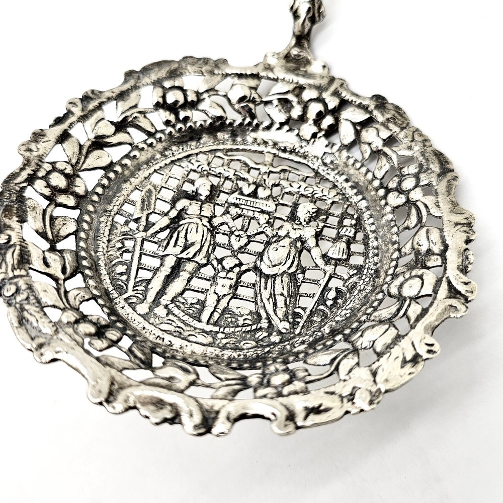 FANCY 1900 DUTCH .833 SOLID SILVER SCENERY DECOR BIRD HANDLE STRAINER,8.75"