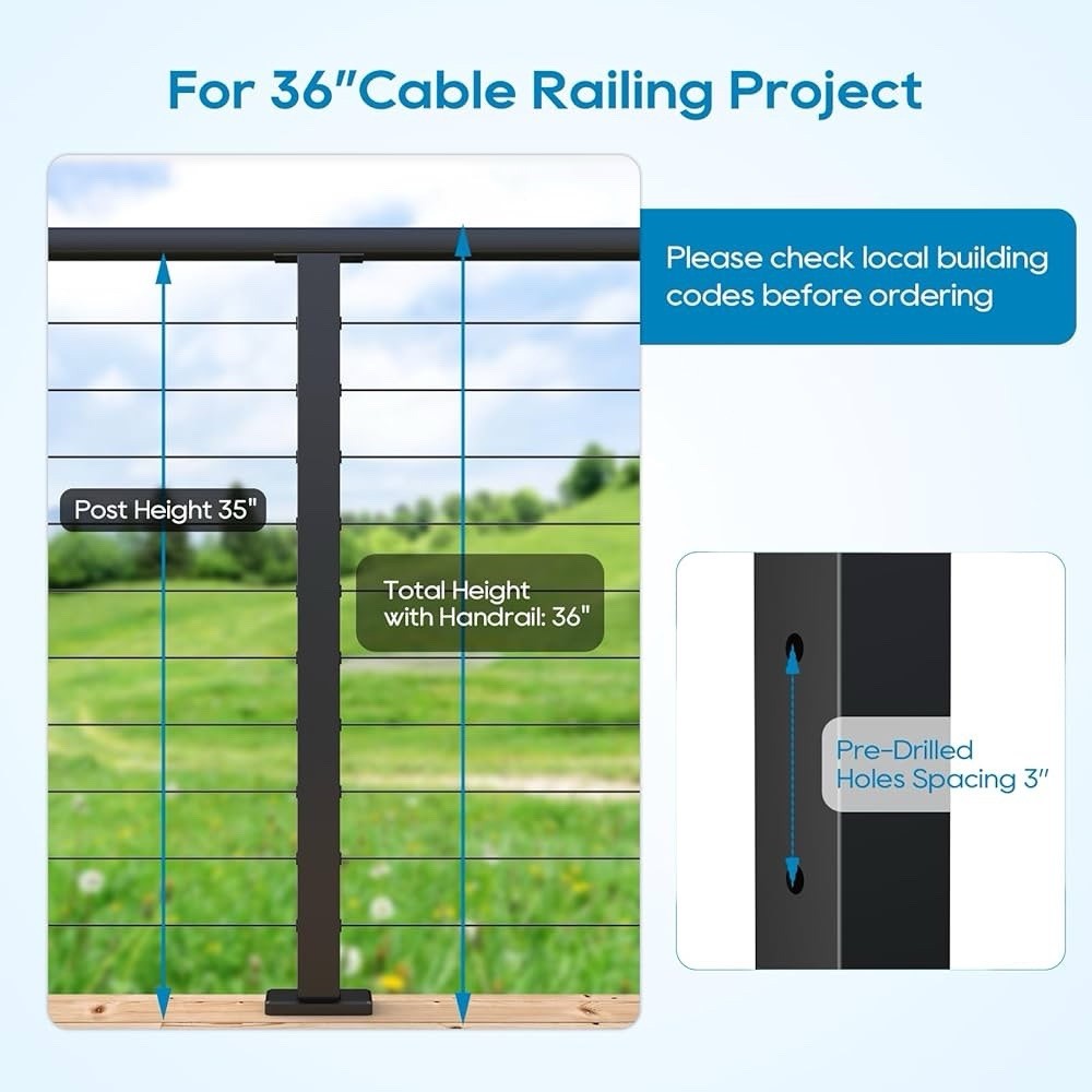 Level Drilled Cable Railing Post 36" (35"X2"x2")