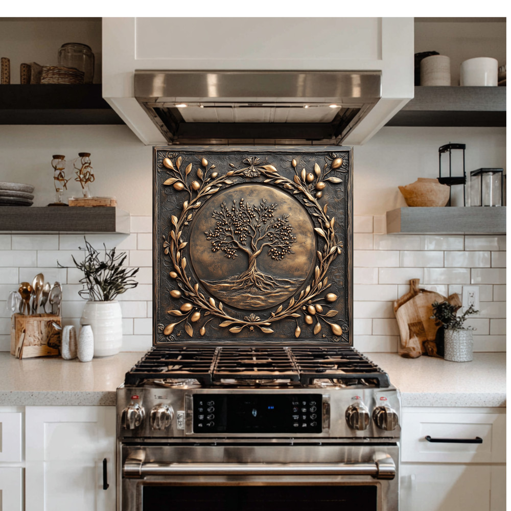 Olive Tree Copper Look Tempered Glass Kitchen Backsplash Panel, Made in USA,