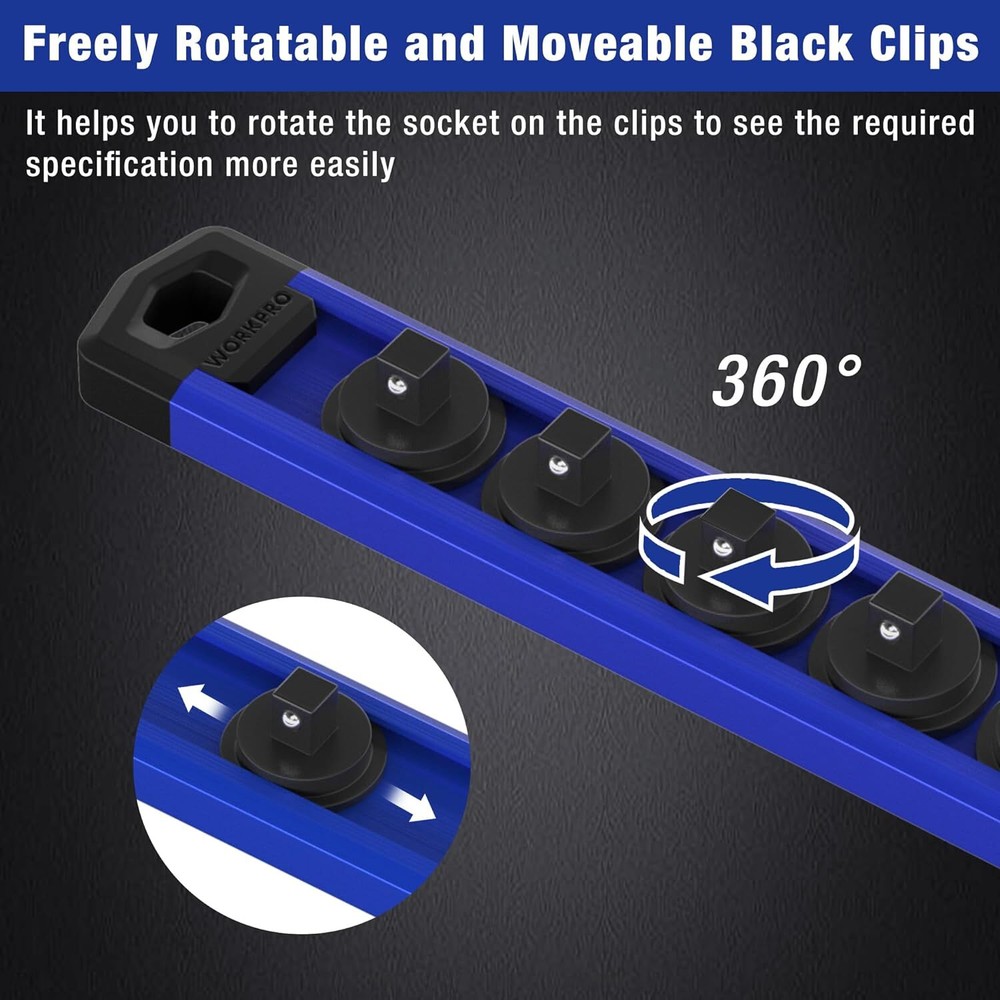 WORKPRO1/4''DriveMagnetic Socket Organizer MultiColor Aluminum Alloy Socket Rail