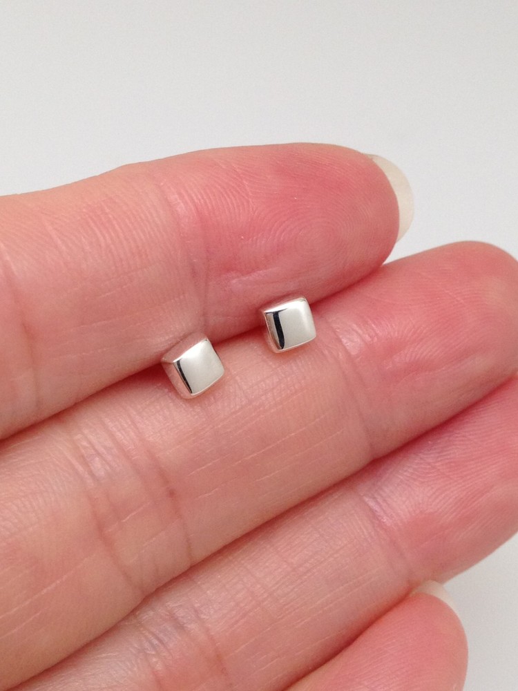 Solid Cube Stud Earrings 925 Sterling Silver Dainty Post Stud Mens Womens 3.5mm