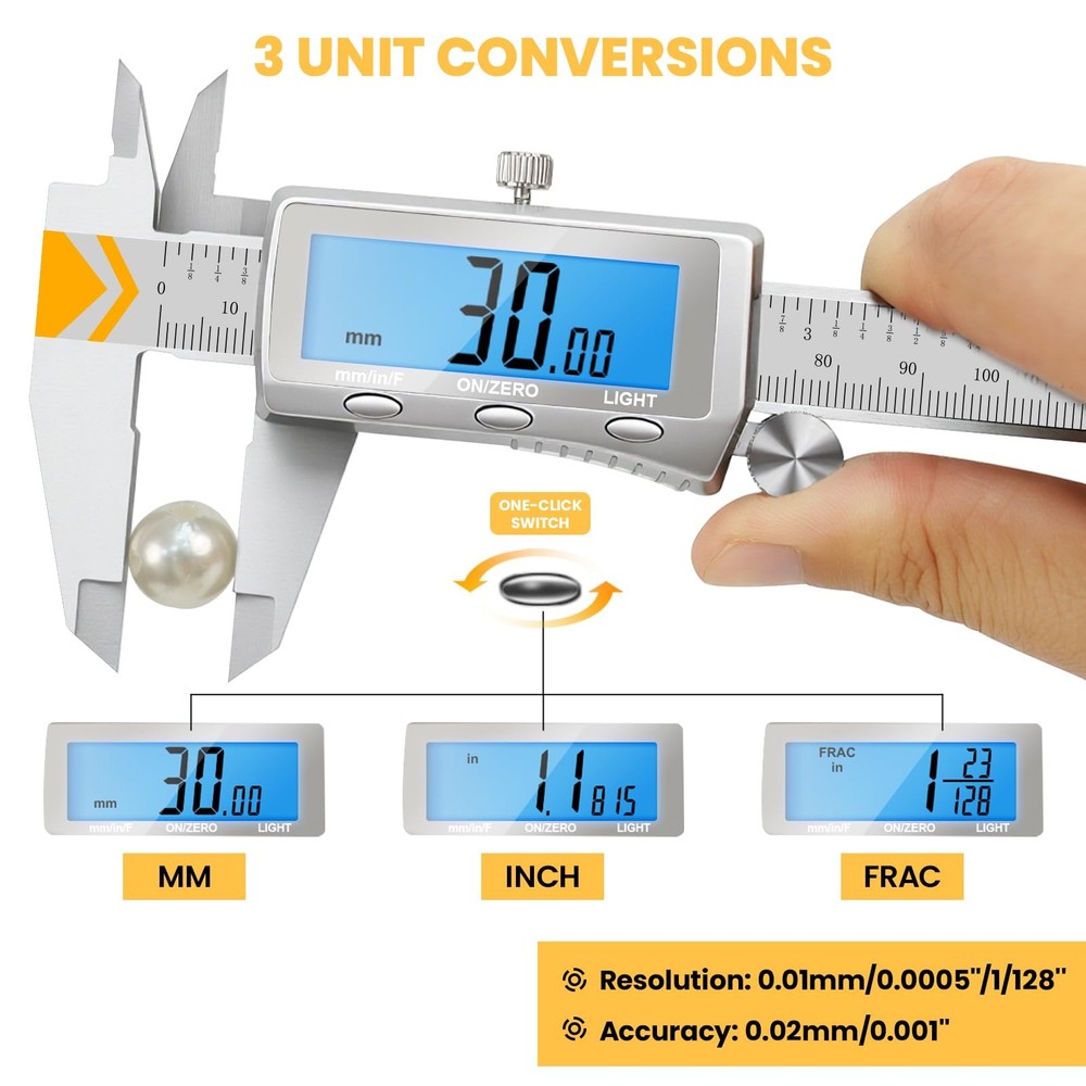 Digital Caliper, Rechargeable Caliper Measuring Tool with Backlight LCD Scree...