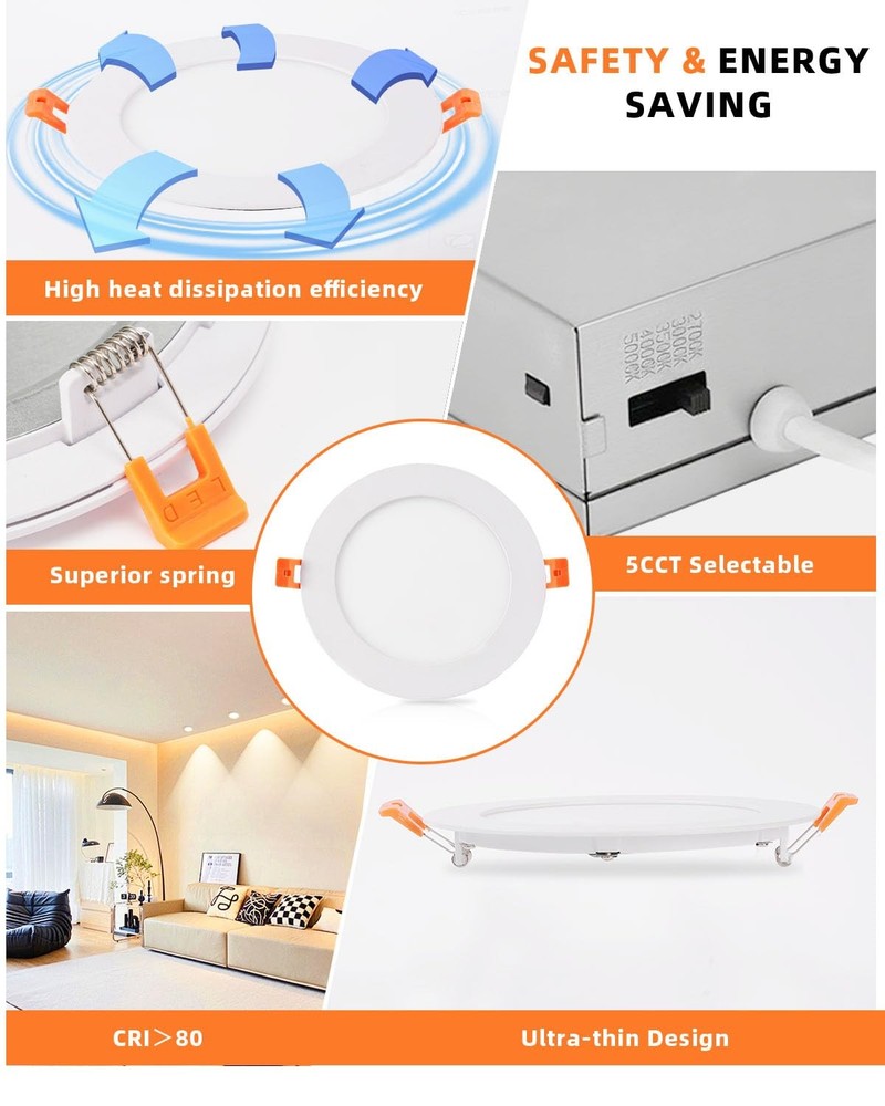 ZYC Recessed LED Ceiling Lights 4 inch 6 Pack 9W 800LM Dimable 5CCT Selectable