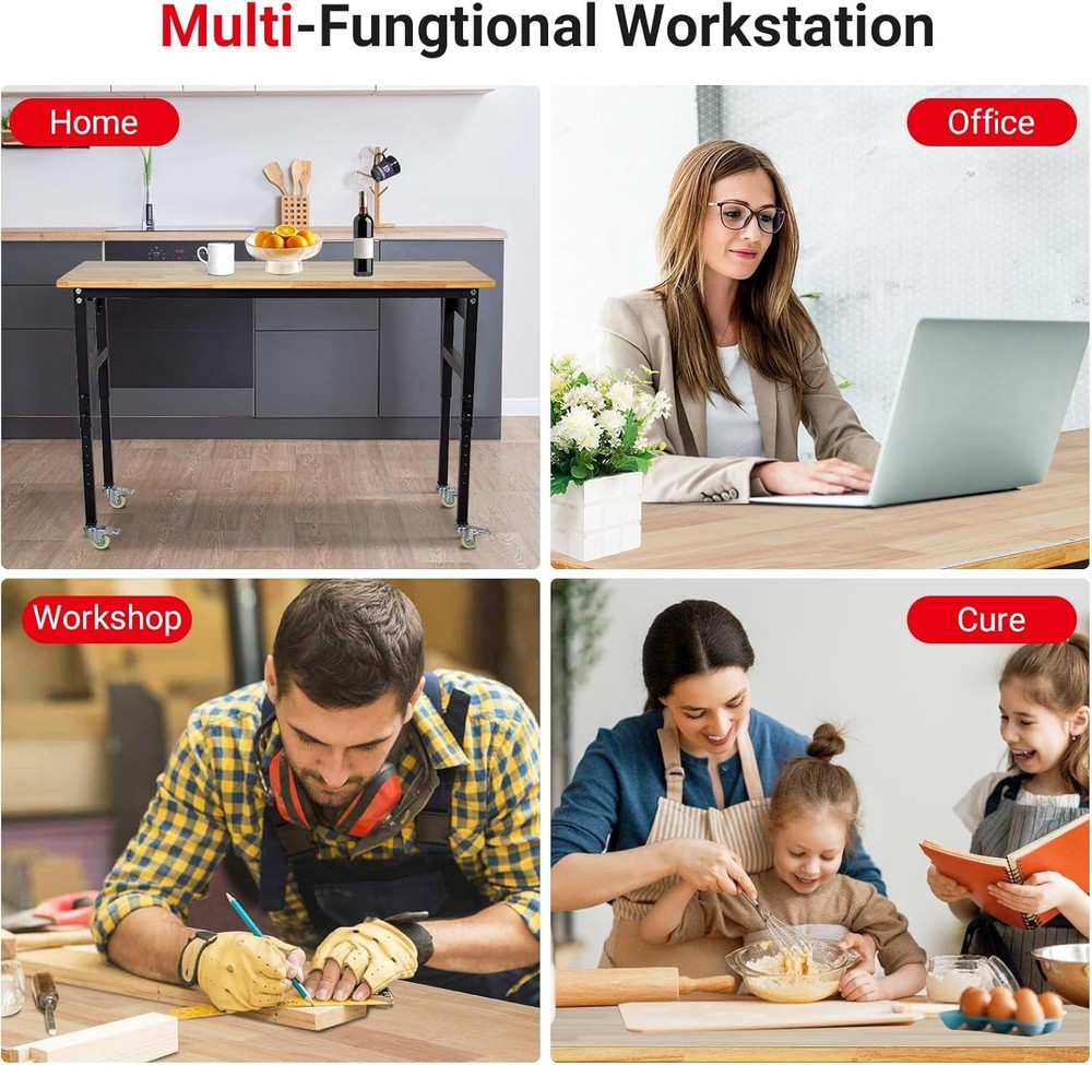 48"x24'' Adjustable Workbench 2000 Lbs Capacity Rubber Wood Workstation