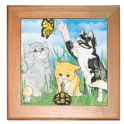 Cat Kitchen Ceramic Trivet Framed in Pine 8" x 8"