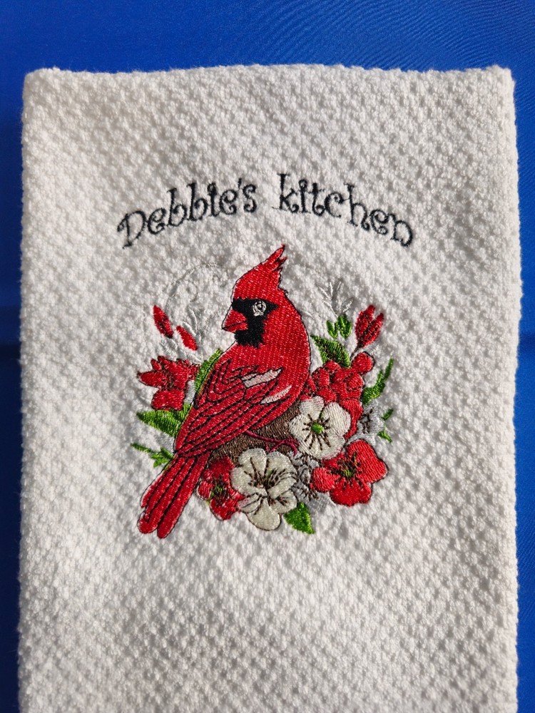 Custom red Cardinal Embroidered decorative for Kitchen with YOUR NAME