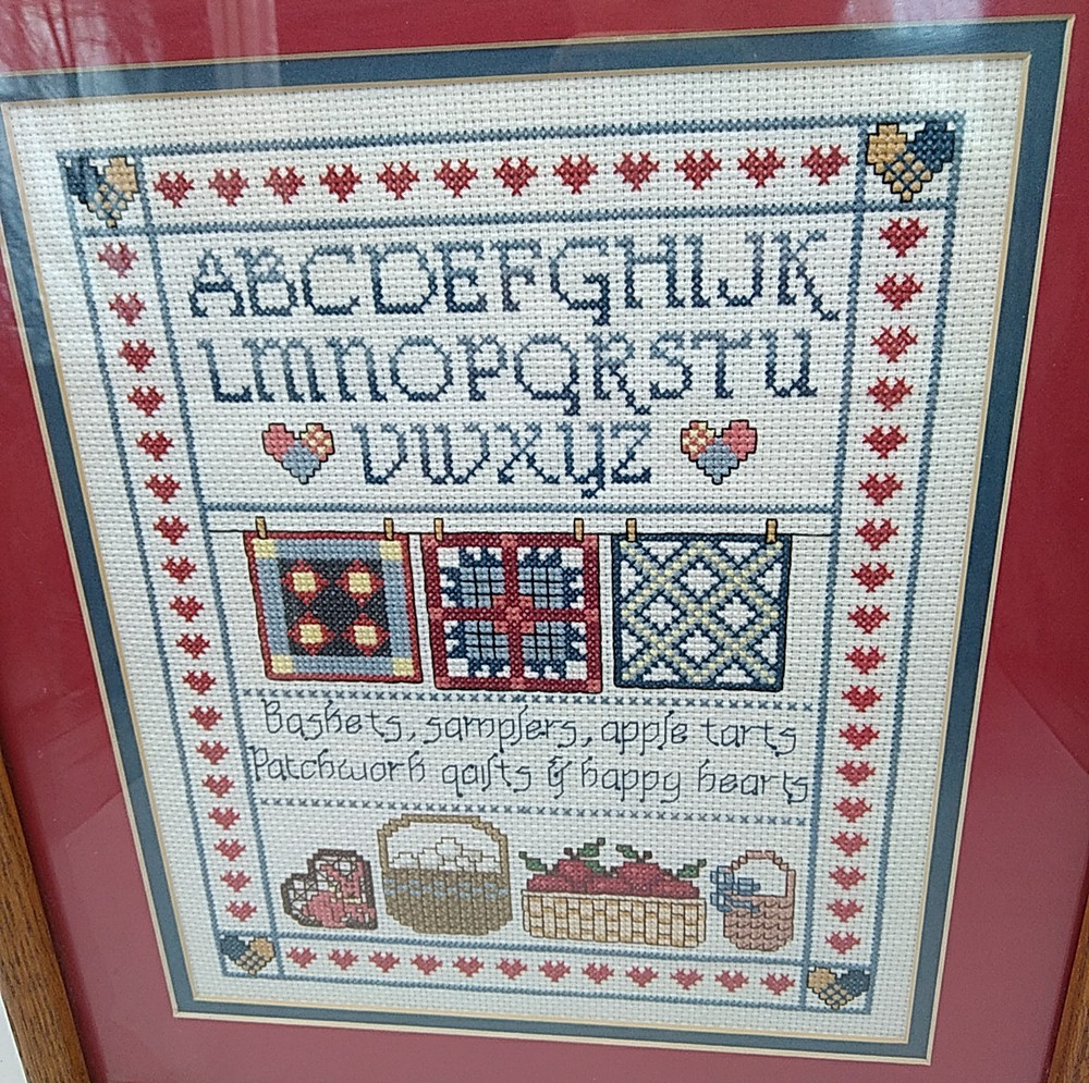 Vintage Framed Matted Completed Cross Stitch ALPHABET SAMPLER Baskets, Quilts +