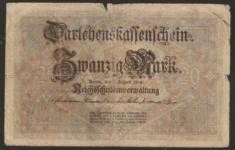 1914 GERMANY 20 MARK NOTE