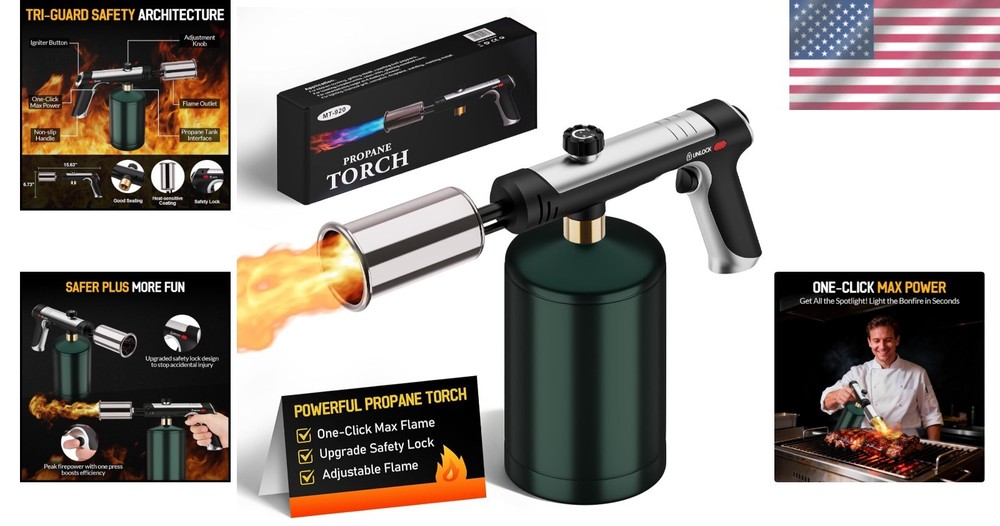 Propane Torch with One-Click Max Fire & Safety Lock - Kitchen Blow Torch
