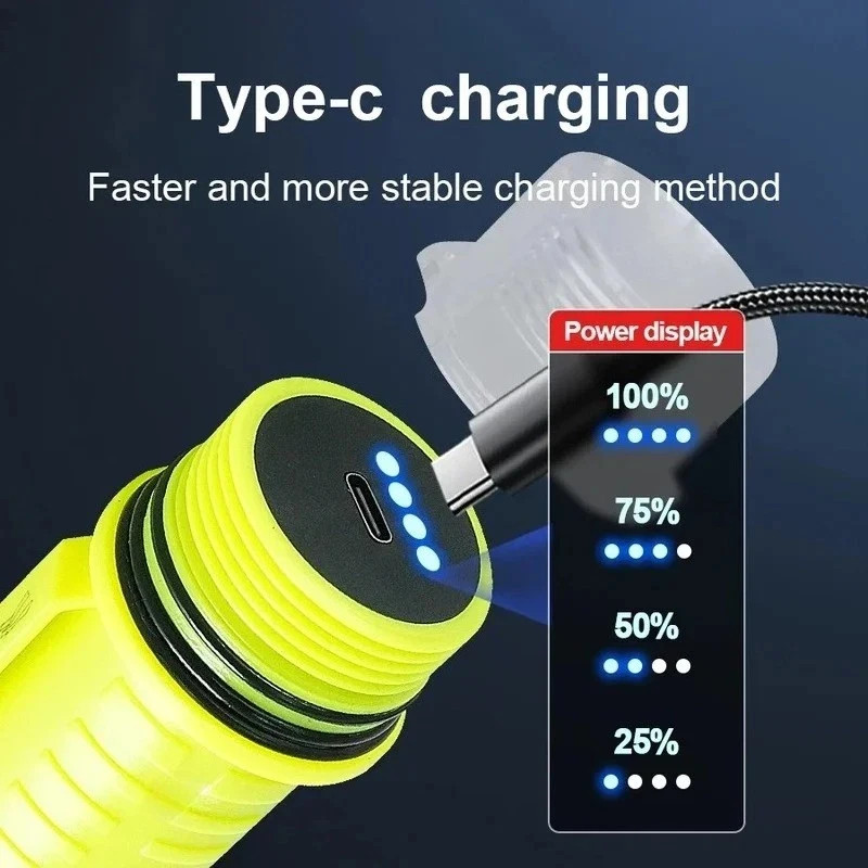 Professional Diving Flashlight Rechargeable Underwater Torch White&Yellow Light