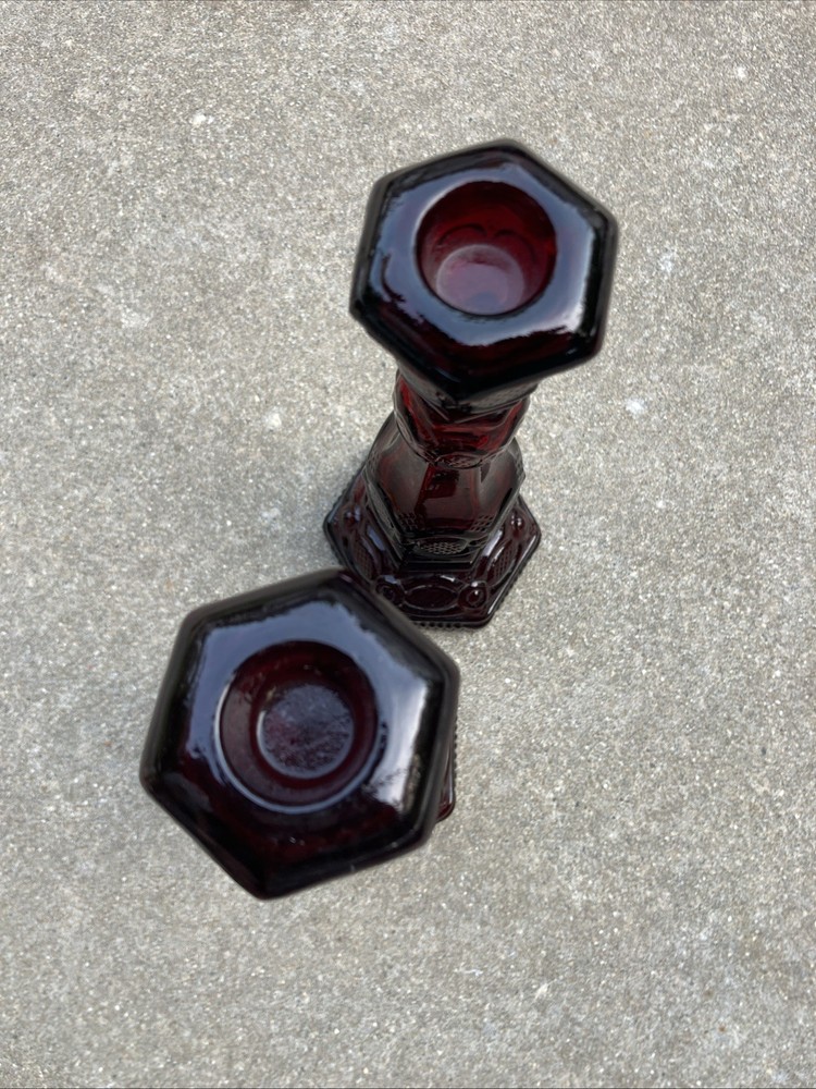 Avon 1876 Cape Cod Ruby Red Glass Candlestick Holders - Vintage - Pair 2 Empty