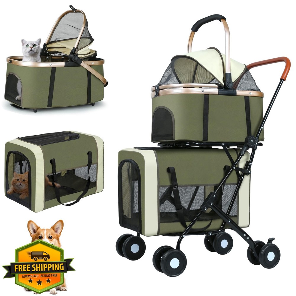 Double Pet Stroller, Green, Foldable, Detachable Carriers, 4 Wheels
